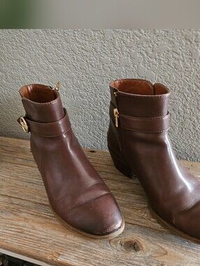 Coach Brown Leather Ankle Boots with Gold Accent